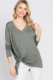 Olive V-Neck Hi-Low Long Sleeve Top