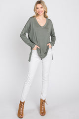 Olive V-Neck Hi-Low Long Sleeve Top