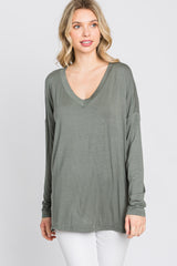 Olive V-Neck Hi-Low Long Sleeve Top