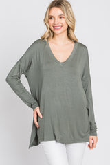 Olive V-Neck Hi-Low Long Sleeve Top