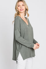 Olive V-Neck Hi-Low Long Sleeve Top