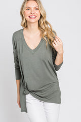 Olive V-Neck Hi-Low Long Sleeve Top