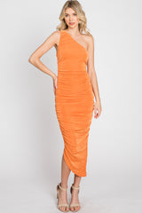 Orange One Shoulder Ruched Midi Dress