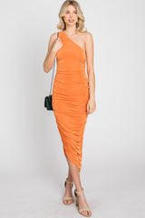 Orange One Shoulder Ruched Midi Dress