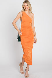 Orange One Shoulder Ruched Midi Dress