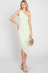 Lime One Shoulder Ruched Midi Dress