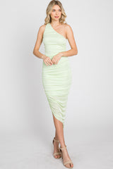 Lime One Shoulder Ruched Midi Dress