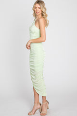 Lime One Shoulder Ruched Midi Dress