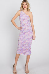 Lavender Floral Ruched Asymmetrical One Shoulder Dress