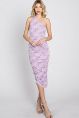 Lavender Floral Ruched Asymmetrical One Shoulder Dress