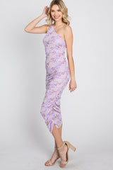 Lavender Floral Ruched Asymmetrical One Shoulder Dress