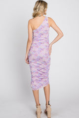 Lavender Floral Ruched Asymmetrical One Shoulder Dress