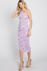 Lavender Floral Ruched Asymmetrical One Shoulder Dress