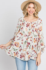 Ivory Floral Square Neck Ruffle Sleeve Top