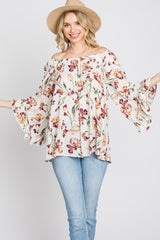 Ivory Floral Square Neck Ruffle Sleeve Top