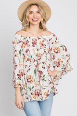 Ivory Floral Square Neck Ruffle Sleeve Top