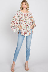 Ivory Floral Square Neck Ruffle Sleeve Top