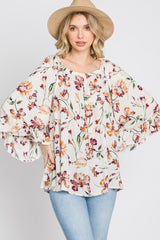 Ivory Floral Square Neck Ruffle Sleeve Top