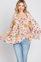 Light Pink Floral Square Neck Ruffle Sleeve Top