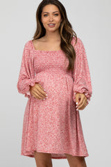 Red Floral Smocked Long Sleeve Maternity Dress