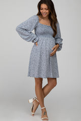 Blue Floral Smocked Long Sleeve Maternity Dress