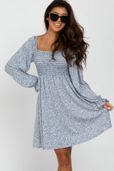 Blue Floral Smocked Long Sleeve Dress