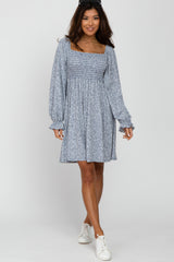 Blue Floral Smocked Long Sleeve Maternity Dress