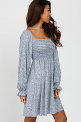 Blue Floral Smocked Long Sleeve Dress