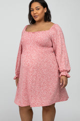 Red Floral Smocked Long Sleeve Maternity Plus Dress