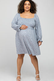 Blue Floral Smocked Long Sleeve Maternity Plus Dress