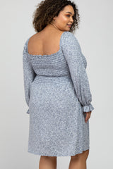 Blue Floral Smocked Long Sleeve Maternity Plus Dress