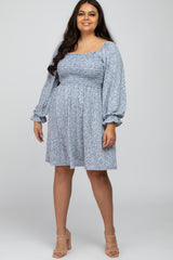 Blue Floral Smocked Long Sleeve Maternity Plus Dress