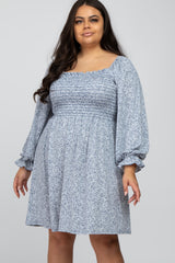 Blue Floral Smocked Long Sleeve Plus Dress