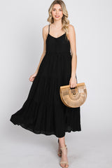 Black Button Front Tiered Midi Dress