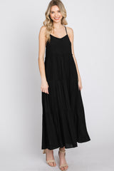 Black Button Front Tiered Midi Dress