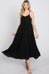 Black Button Front Tiered Midi Dress