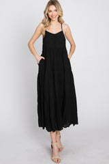 Black Button Front Tiered Midi Dress