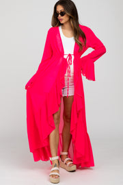 Fuchsia Bell Sleeve Ruffle Hem Tie Front Maternity Cover Up