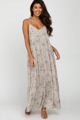 Grey Paisley Print Sleeveless Maxi Dress