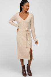 Beige Brushed Cable Knit Sweater Dress