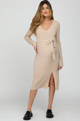 Beige Brushed Cable Knit Maternity Sweater Dress