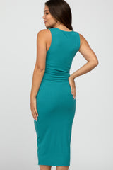 Teal Ribbed Twist Front Maternity Midi Dress