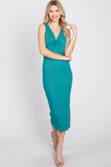 Teal Ribbed Twist Front Midi Dress