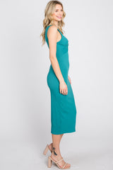 Teal Ribbed Twist Front Midi Dress