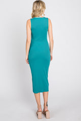 Teal Ribbed Twist Front Midi Dress