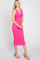 Fuchsia Ribbed Twist Front Midi Dress