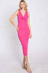 Fuchsia Ribbed Twist Front Midi Dress