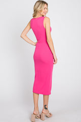 Fuchsia Ribbed Twist Front Midi Dress