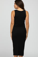 Black Ribbed Twist Front Maternity Midi Dress