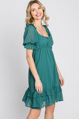 Teal Chiffon Puff Sleeve Ruffle Dress